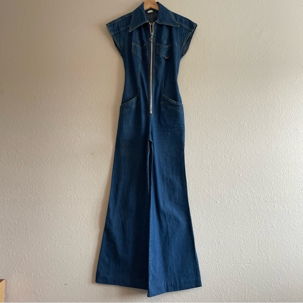 Vintage 1970s Dark Blue Denim Bell Bottom Jumpsuit